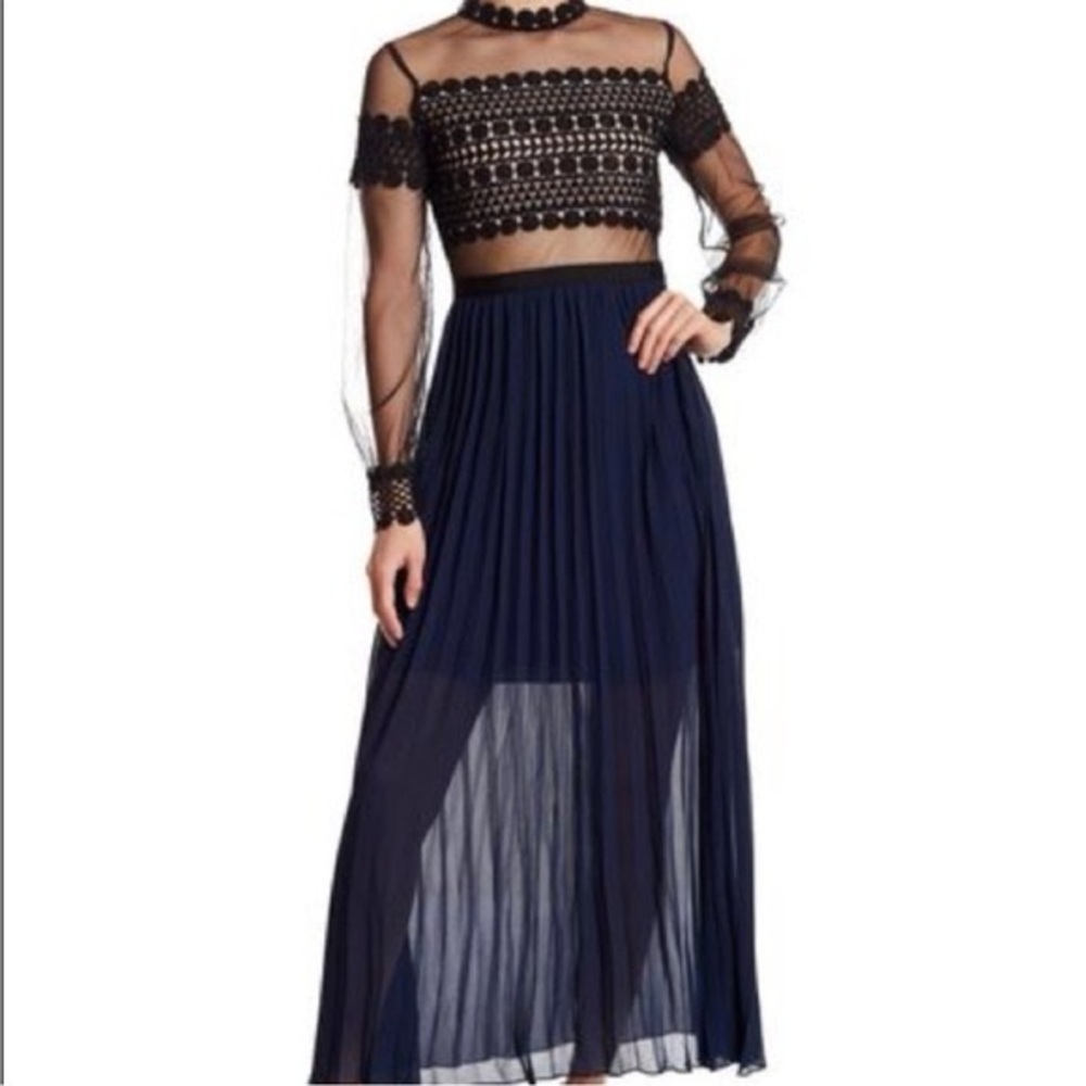 Endless Rose Black and Blue Crepe Sheer Panels and Overlay Maxi Dress
